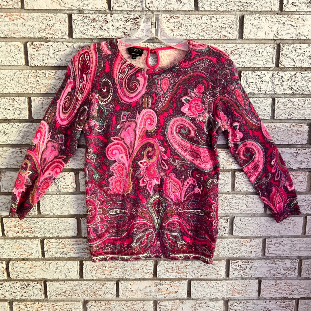 Talbots Petites Pure Cashmere Paisley Sweater Pink Purple Keyhole Back Size P